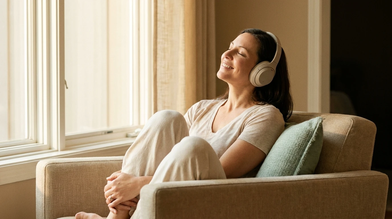 Mujer relajada en un sillón junto a la ventana, escuchando con auriculares de vincha