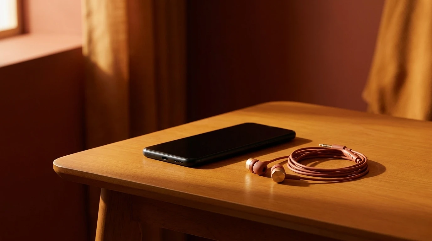 Audífono moderno y un teléfono con auriculares sobre una mesa clara, luz de mañana