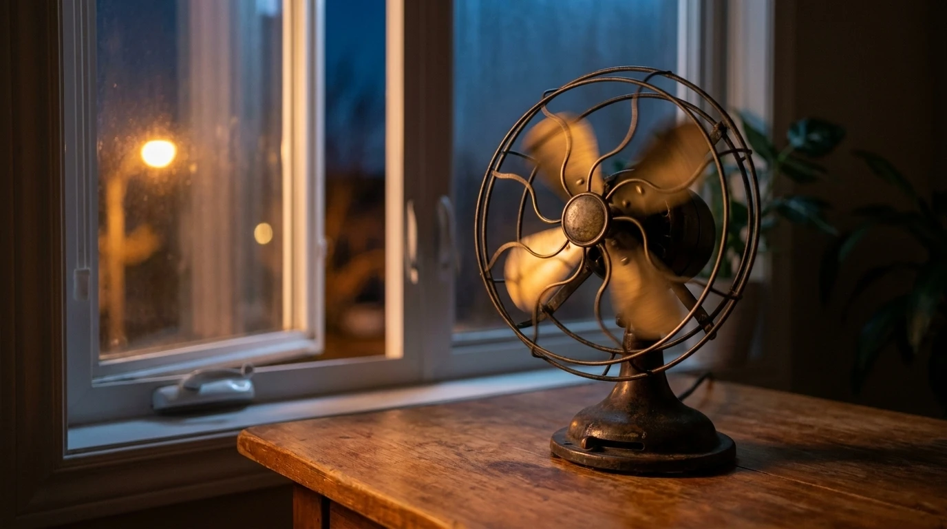 Ventilador de mesa vintage en penumbra junto a una ventana entreabierta de noche
