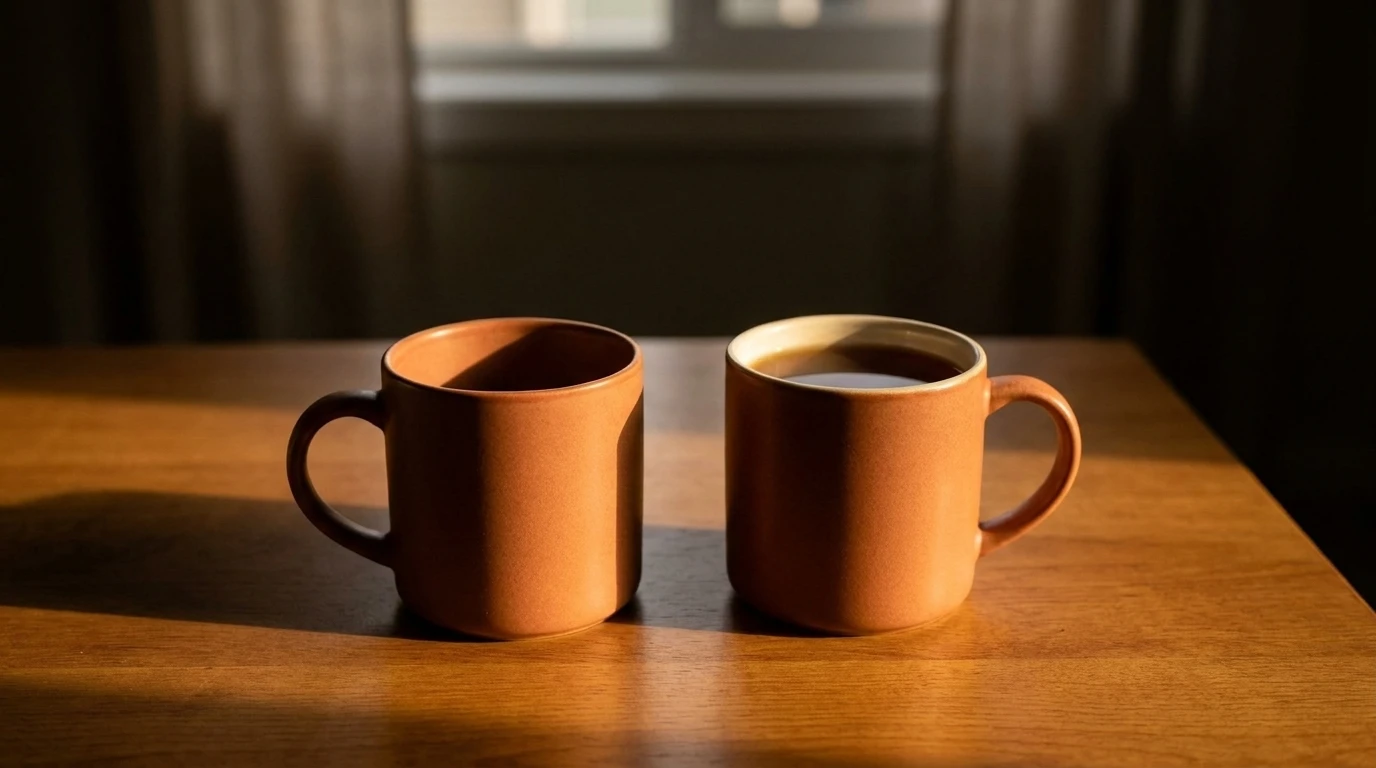 Dos tazas iguales sobre una mesa de madera, una vacía y otra servida, con luz cálida lateral