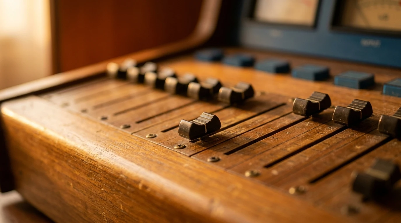 Consola de audio con dos faders, uno subido y otro bajado casi al mínimo, iluminados de costado