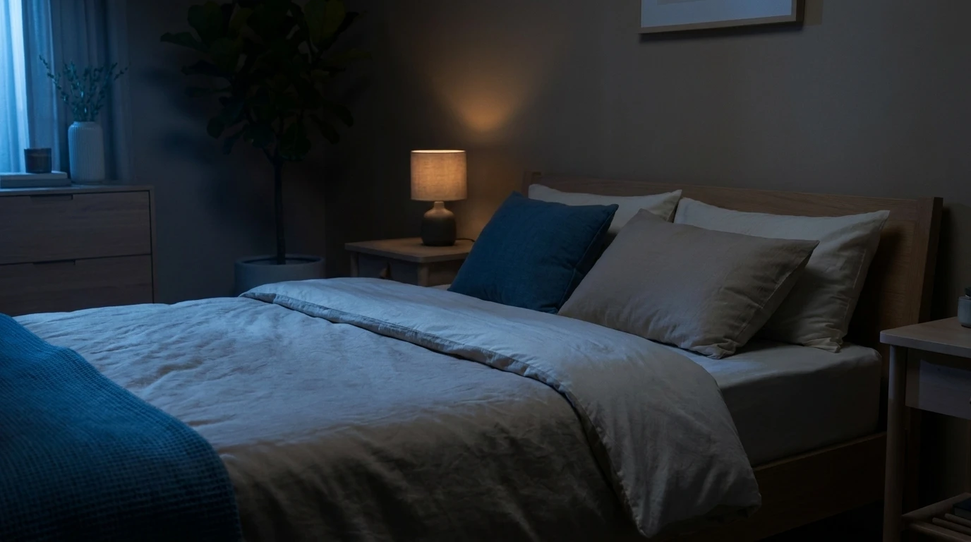 Habitación a oscuras de noche, con la luz tenue de una mesa de luz