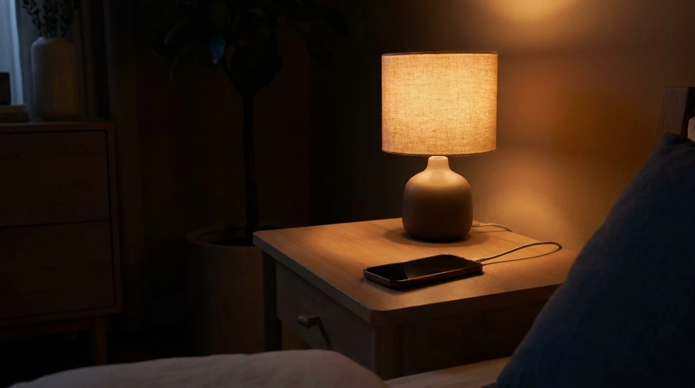 Teléfono apoyado en una mesa de luz con la pantalla apagada, en penumbra cálida de noche